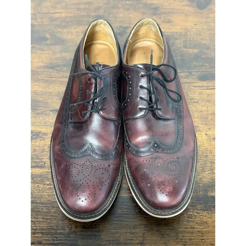 Belvedere Leandro Derby Shoes Sz 14 Men Wingtip Mahogany Brown Red Dress Leather